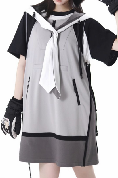 モードカジュアルレイヤードベスト+Tシャツ+ワイドパンツ+ワンピース