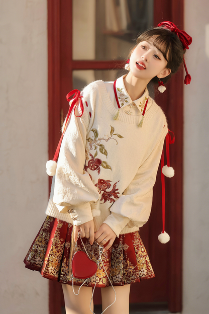 チャイナスノーニットベスト+シャツ+スカート