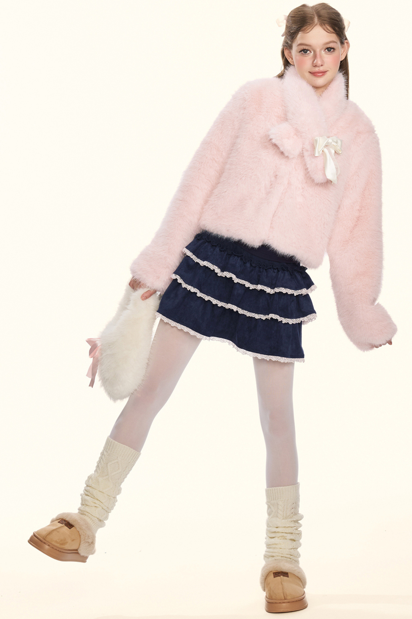 Sweet fur short coat + ribbon scarf