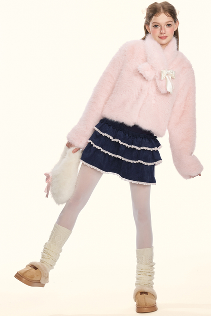 Sweet fur short coat + ribbon scarf