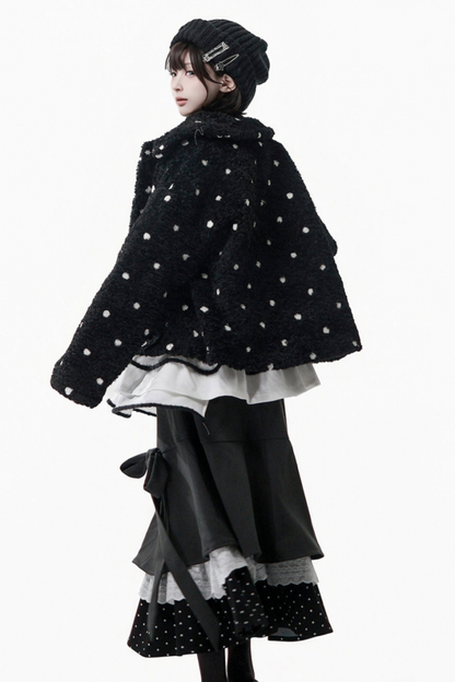 ポルカドットウィンターフリースジャケット+ベスト+トップス+スカートスカーフ