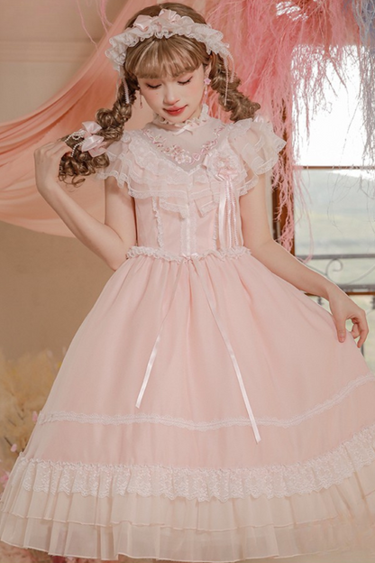 Cherry blossom color sweet princess Lolita dress + doll color top + sheer cardigan + apron