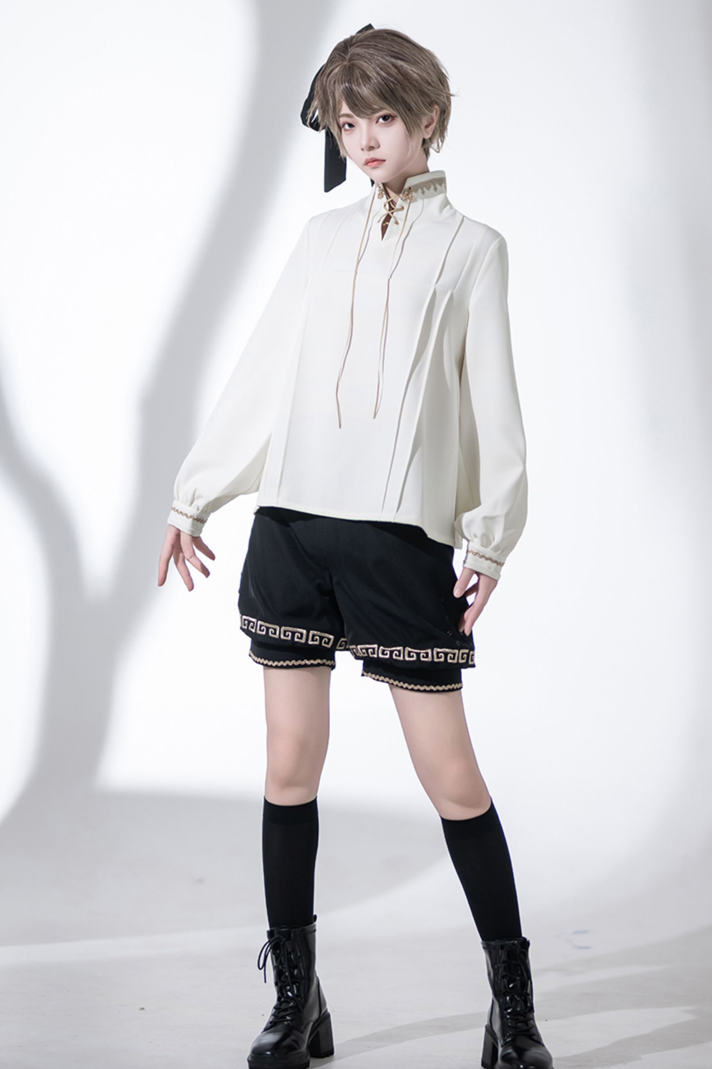 レトロスタンドカラーシャツ+ハーフパンツ+ジャケット