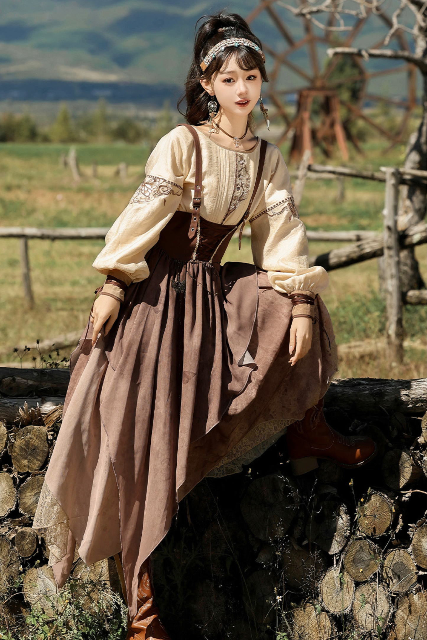 サンセット民族フードケープ+サスペンダースカート+トップス