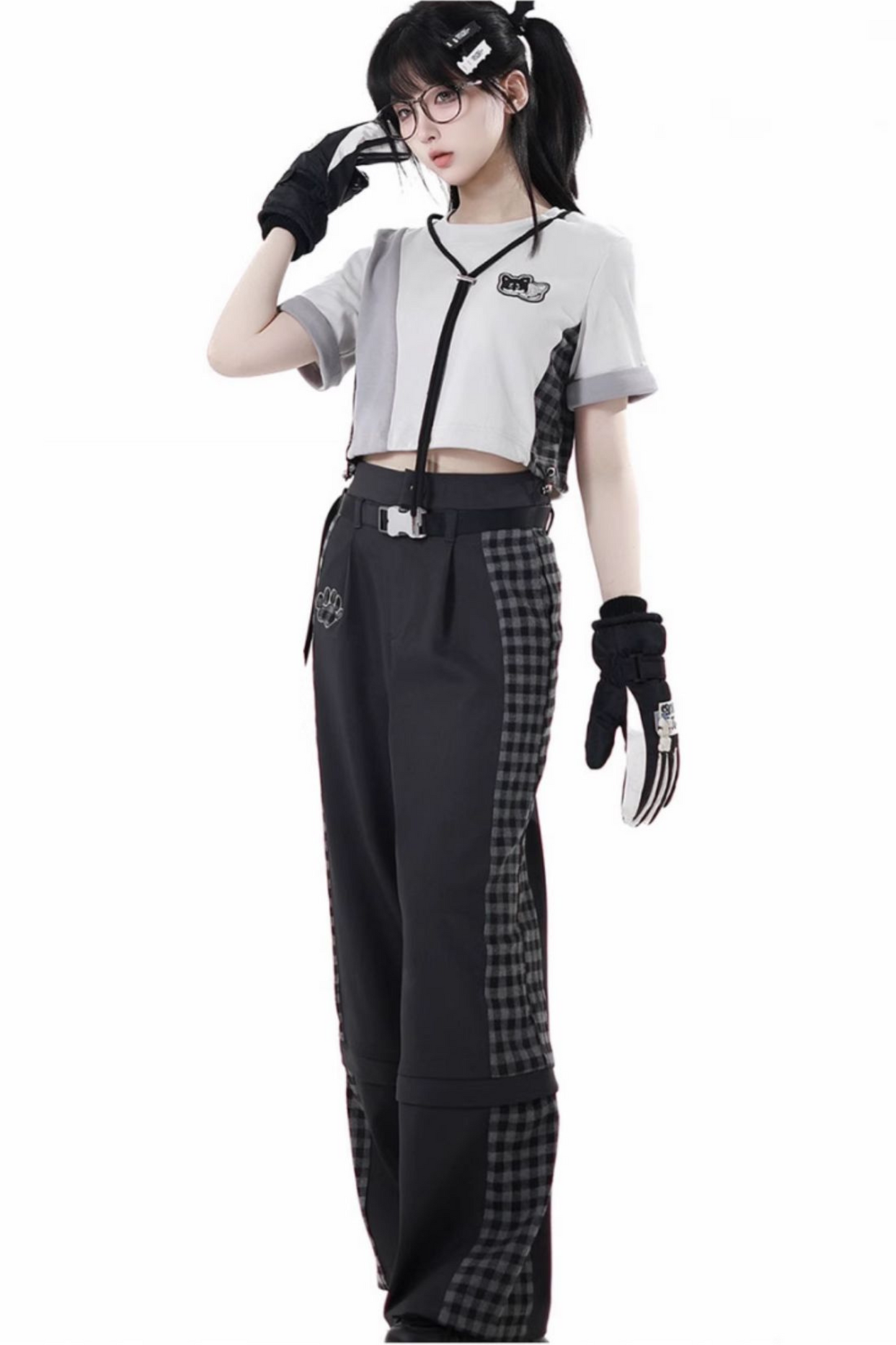 チェックショートトップス+チェックパンツ+フードトップス