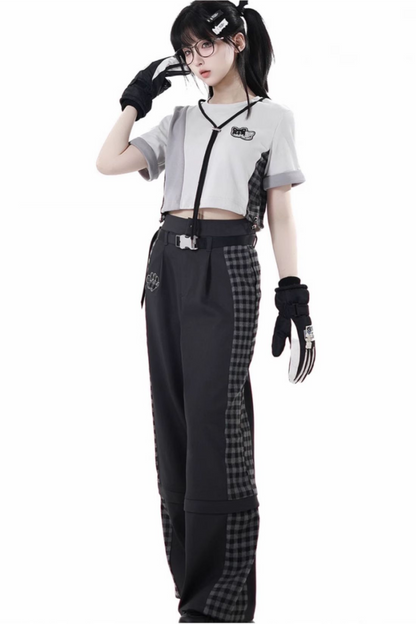 チェックショートトップス+チェックパンツ+フードトップス