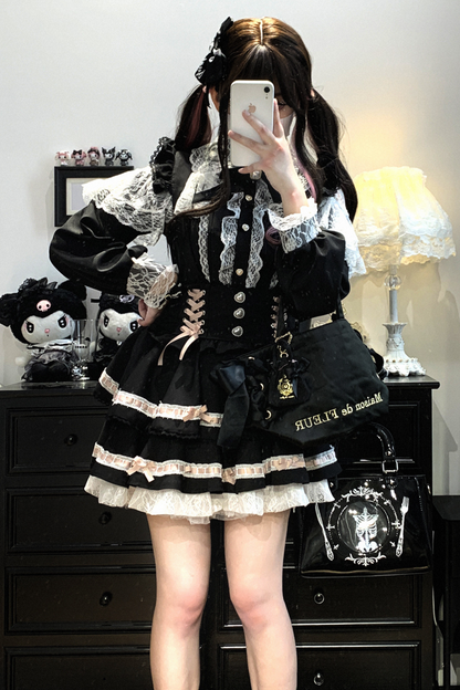 [Pre-order item] Frilled Ribbon Lace-up Suspender Skirt