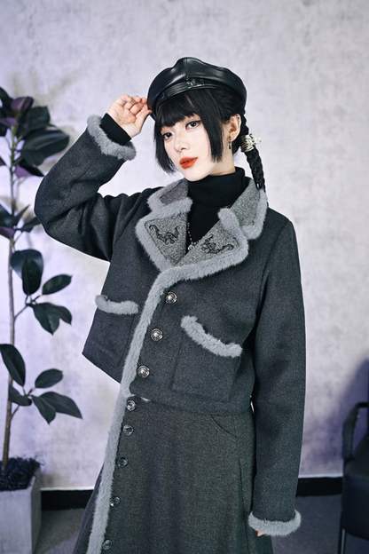 Retro mode fur short jacket + skirt