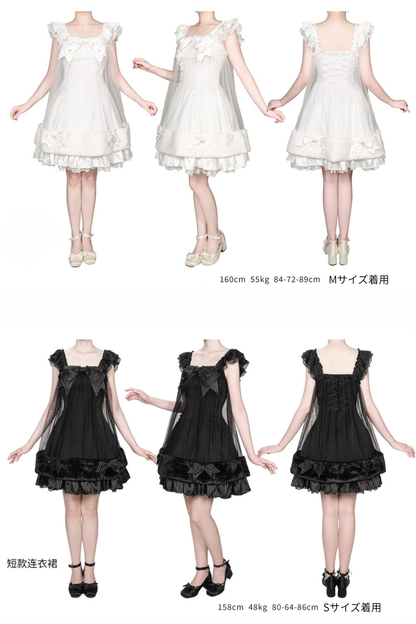 【6月4日予約締切】ホワイト/ブラックスウィートゴシックボウチュールティアードJKSドレス（レースバージョン・ファートリムバージョン）