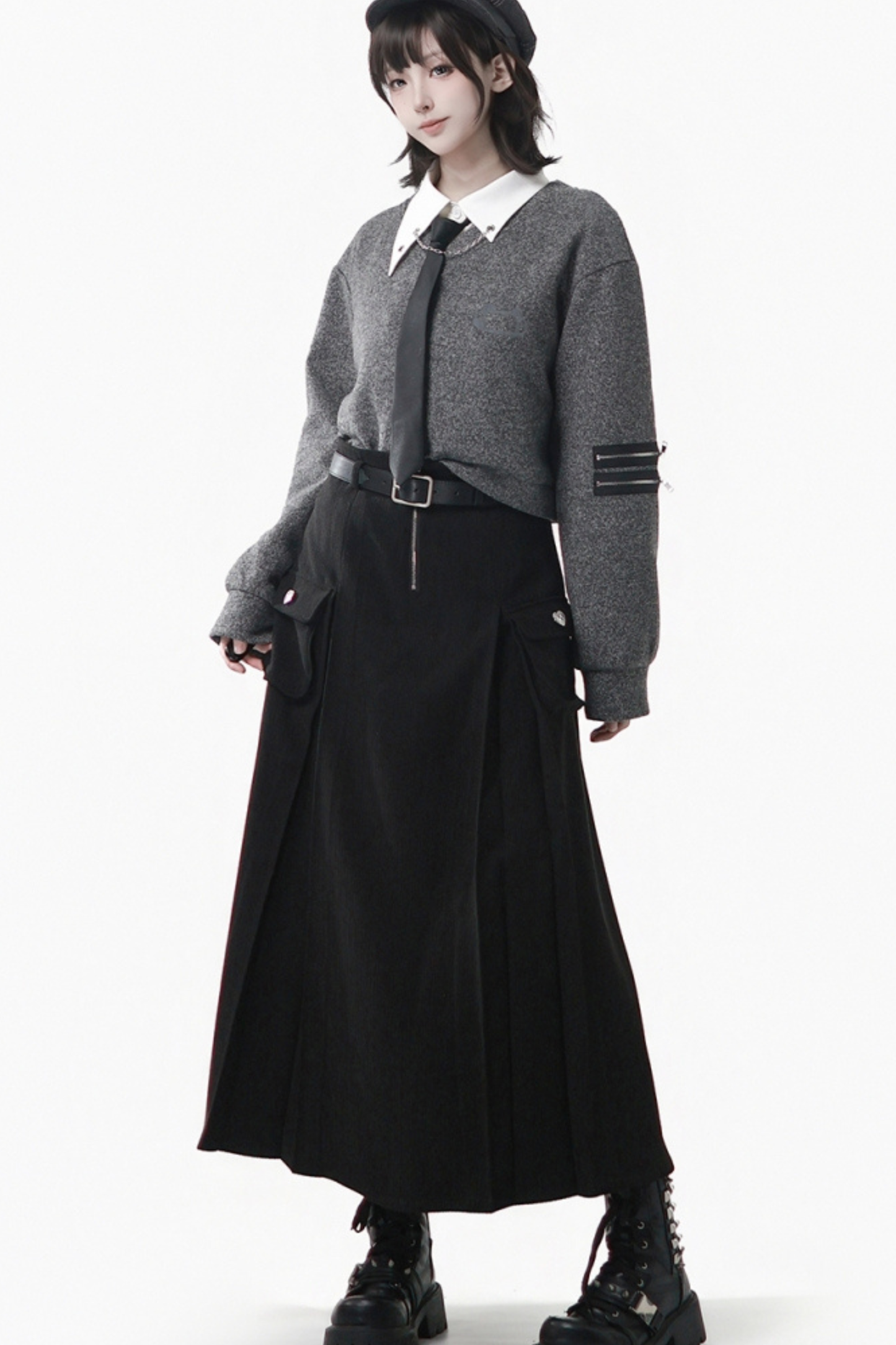 グレーウィンタープレッピーカレッジロングトップス+ショートトップス+スカート+パンツ+シャツ