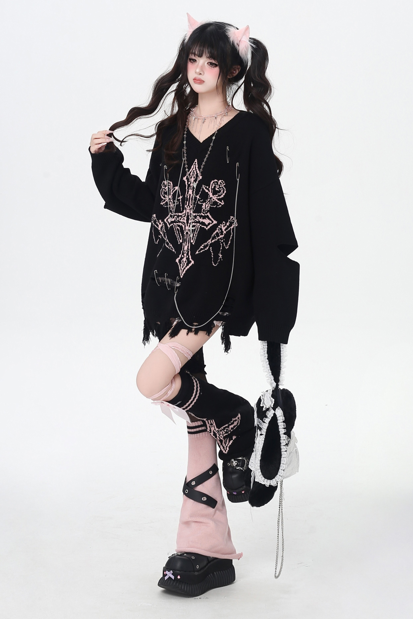 ゴシックライトアジアンVネックニッチルーズセーター