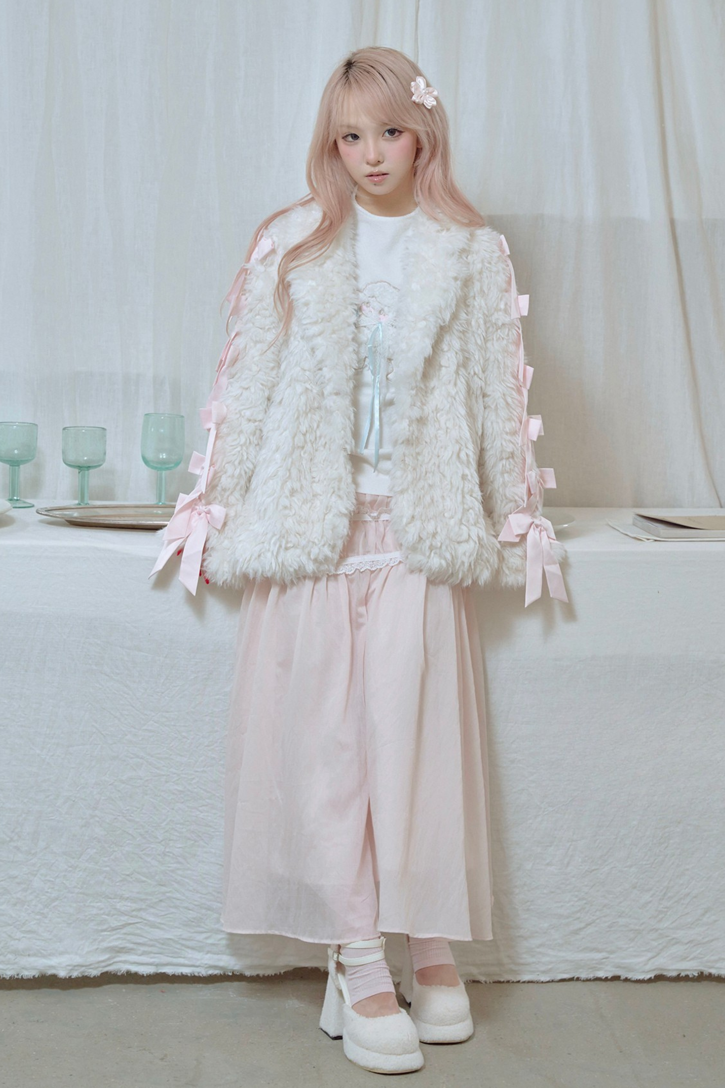 Satin ribbon fur coat