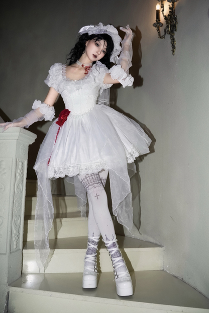 ゴシックツインズロリータドレス＋ハンドスリーブ＋ネックレス＋ヘッドバンド＋ベール＋コルセット＋取り外し可能カーテン＋コサージュ