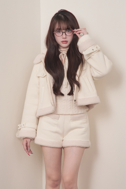 ファーショートコート+ショートパンツ