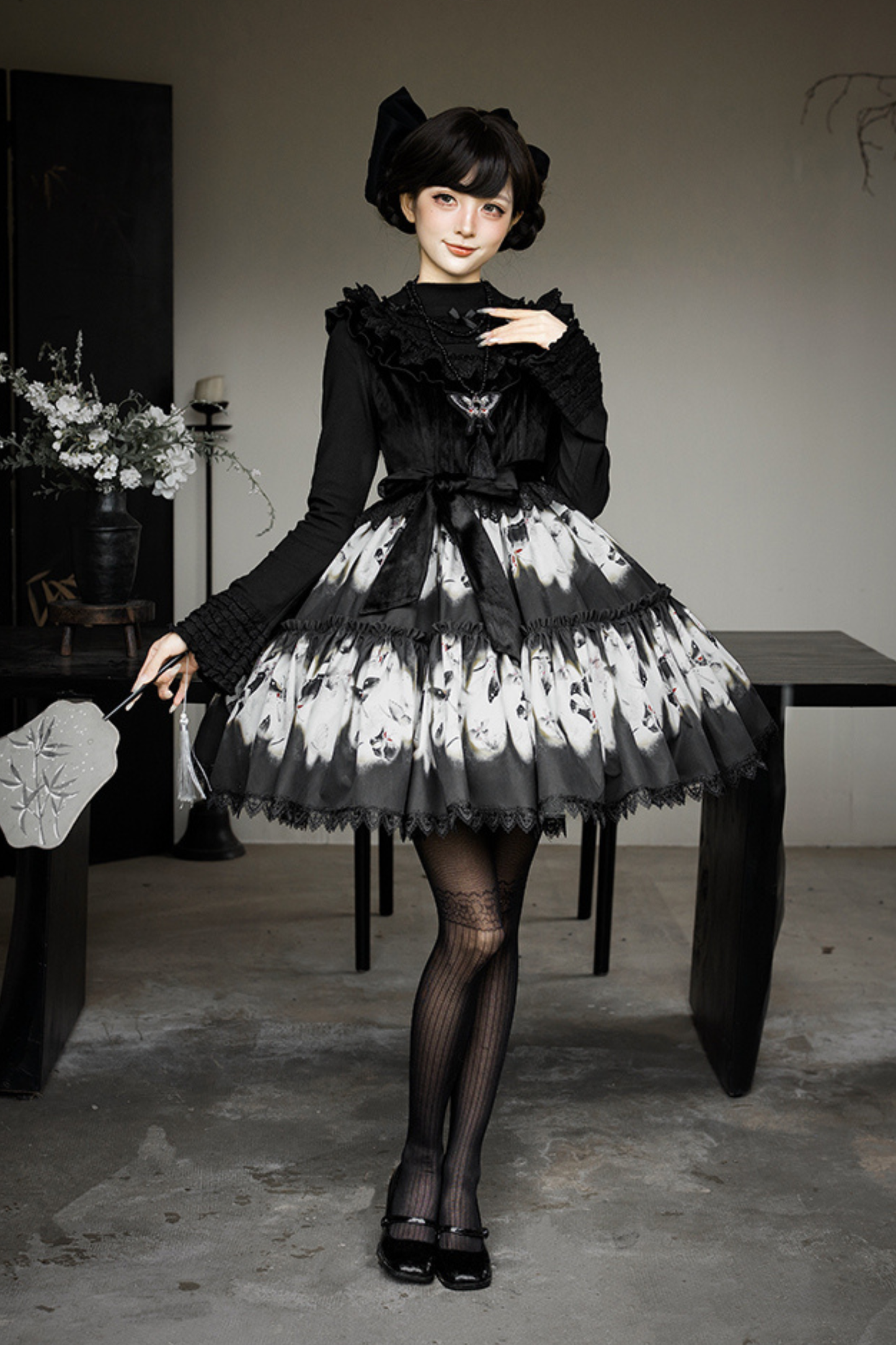 シックバタフライプリントスイングロリータドレス+ジャンパースカート+ヘアバンド+インナー+リボン