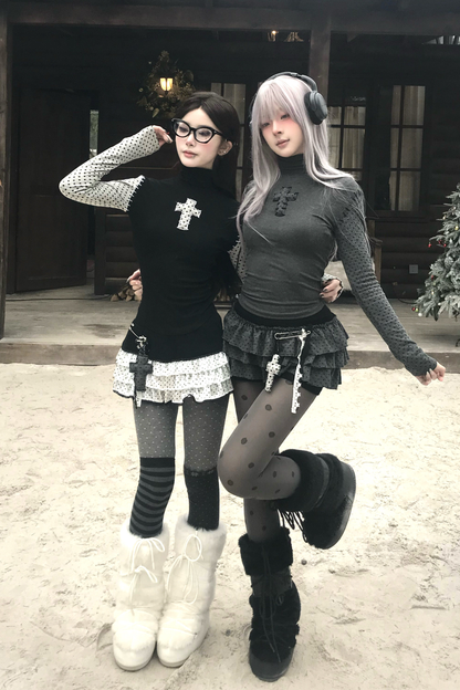 クロスドットタートルネックトップス+スカート+ペンダント