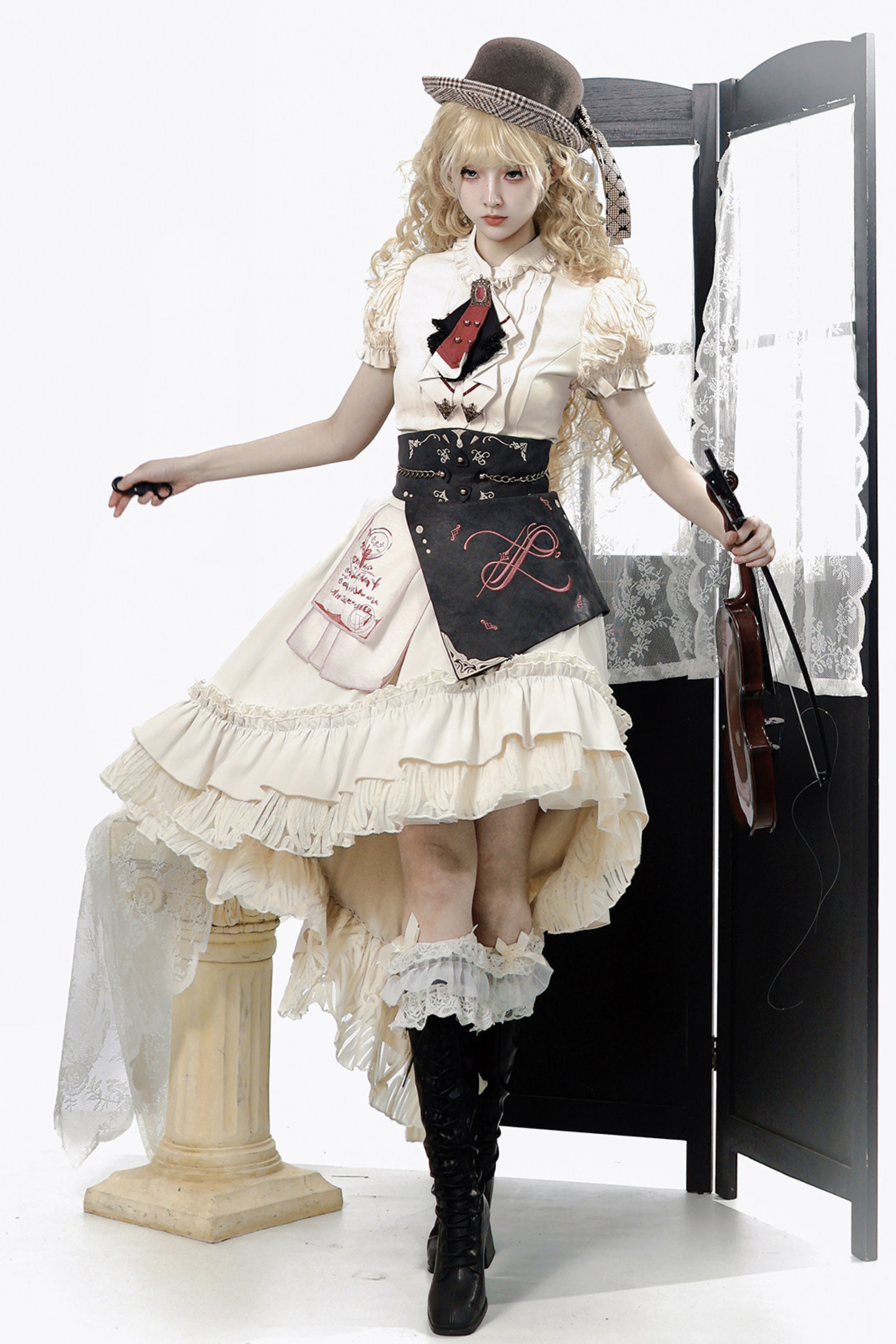 Vintage Lolita Puff Sleeve Top + Asymmetrical Skirt + Corset