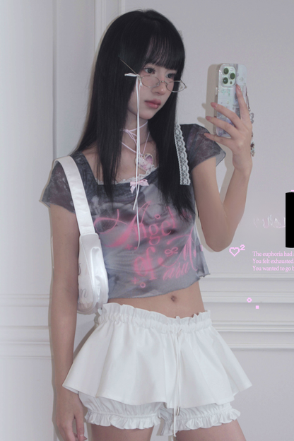 Bunny Cake Print Ash Sheer Mesh Slim Top
