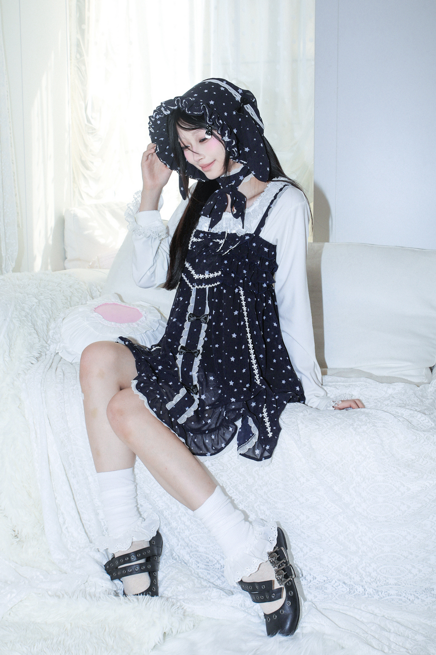 ドットシフォンサンドレス+ラビットハット