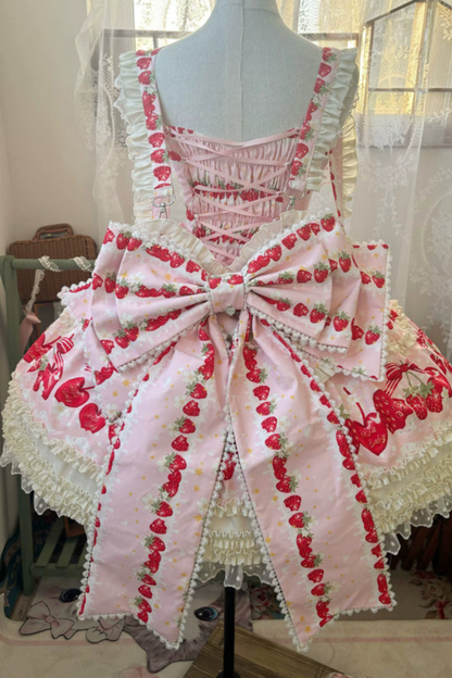 ストロベリーロリータジャンパースカート+ラビットヘアスカーフ+ビッグリボン+トップス+ハット+ボンネット