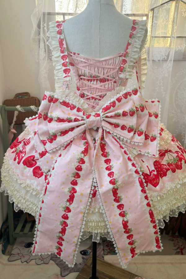 ストロベリーロリータジャンパースカート+ラビットヘアスカーフ+ビッグリボン+トップス+ハット+ボンネット