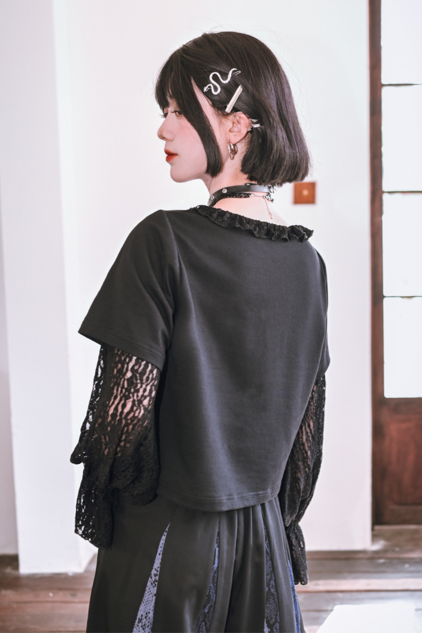 Lace Stitch Black Sweet Cool Top