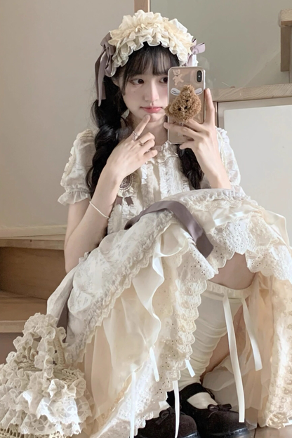 French Elegance Floral Lolita Dress + Badge + Headband + Headband