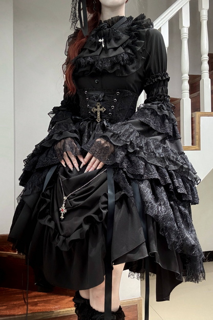 ゴシックスーパーゴージャスジスリーブロリータシャツ+フリルスカート+ハット