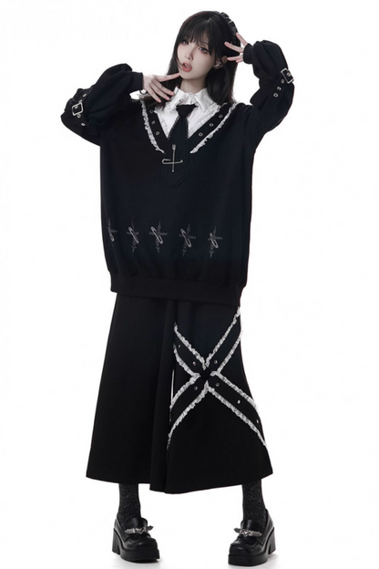 ビッグスイングシャツデザイントップス+フードワンピース+ロングキュロット