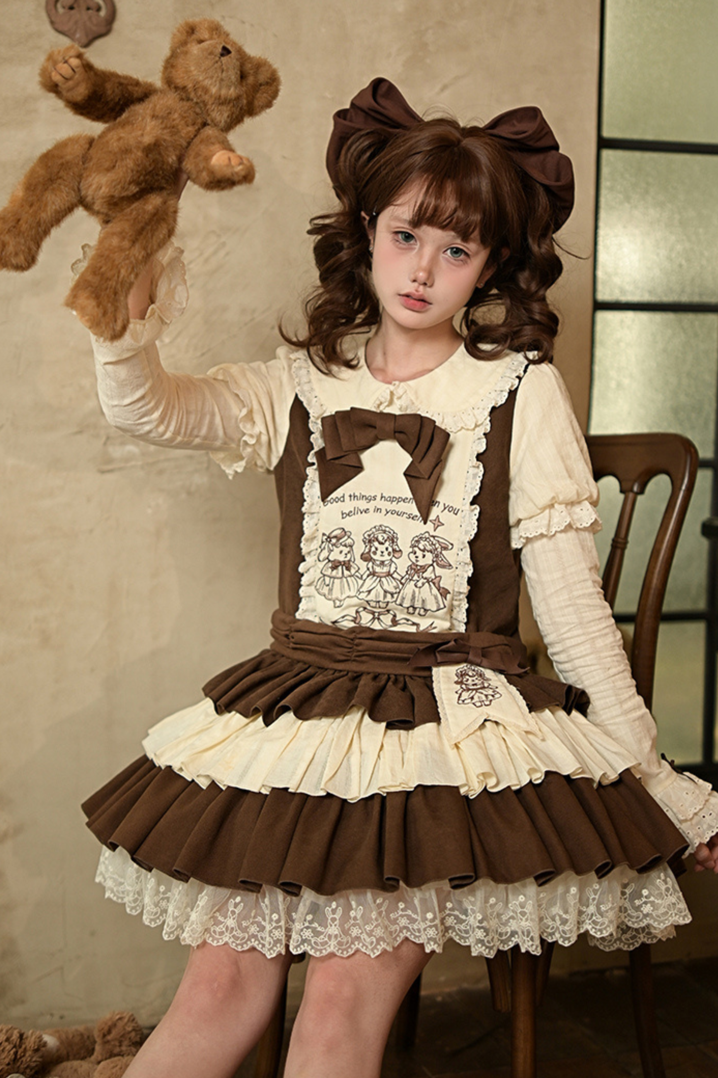 Doll Fairy Tale Lolita Dress + Ribbon Brooch + Belt + 2-way Embroidery Brooch
