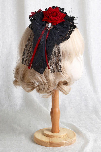 Dark Frilled Lolita Hairband + Flat Hat + Hat Clip + Ribbon Clip + Sleeve
