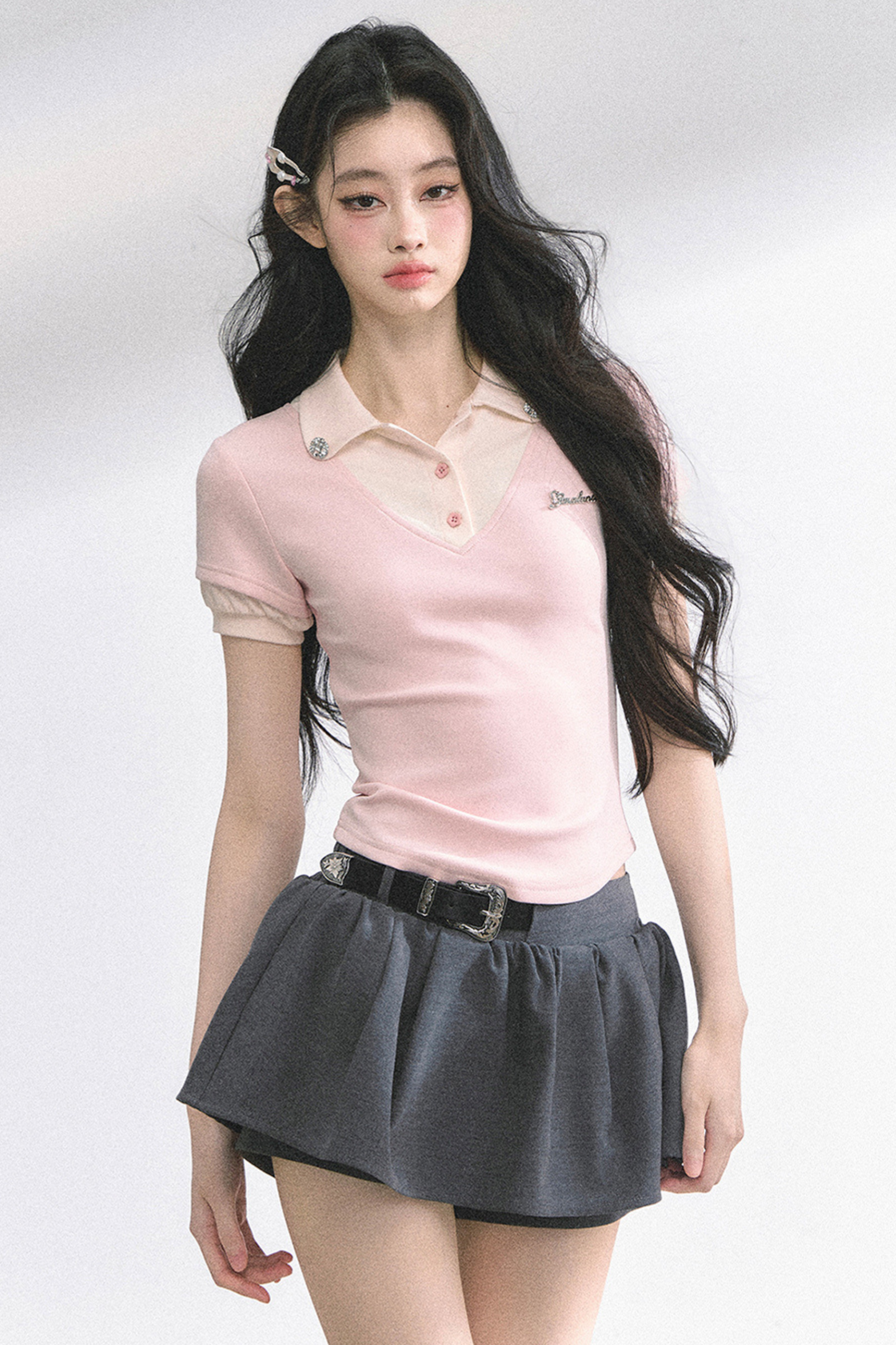 フレンチシャツタイトガーリートップス