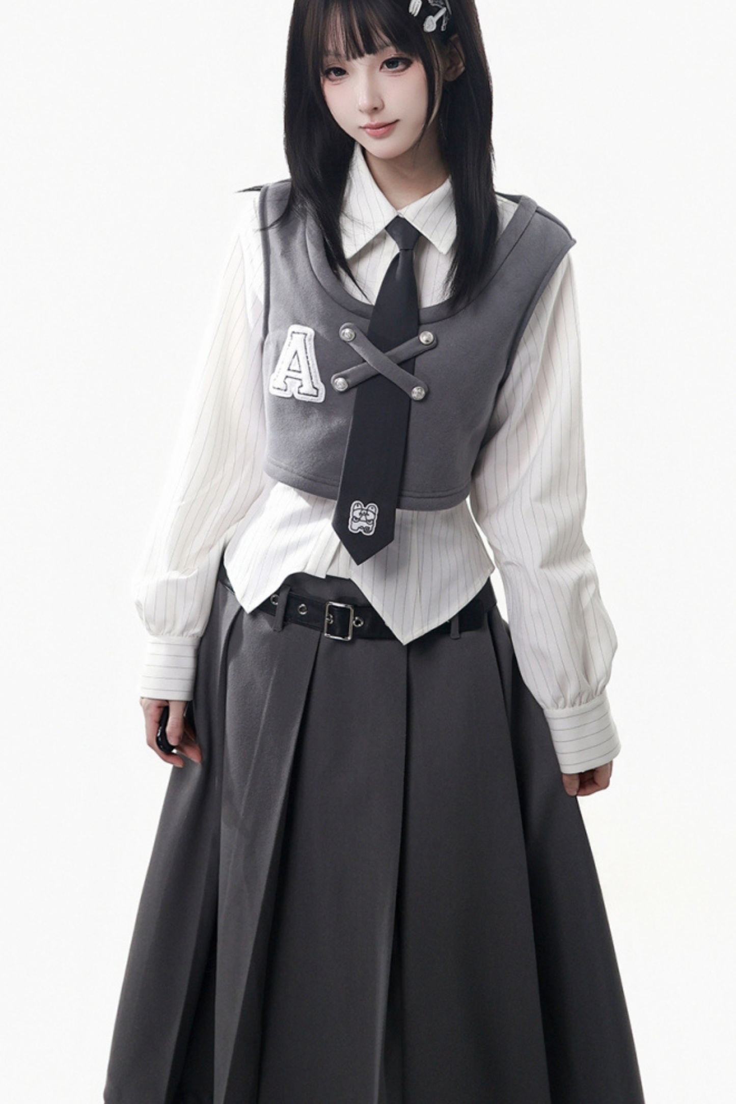 ストライプコート+シャツ+ベスト+ロングスカート