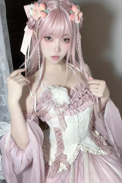 Blue Pink Fishbone Corset Wedding Dress