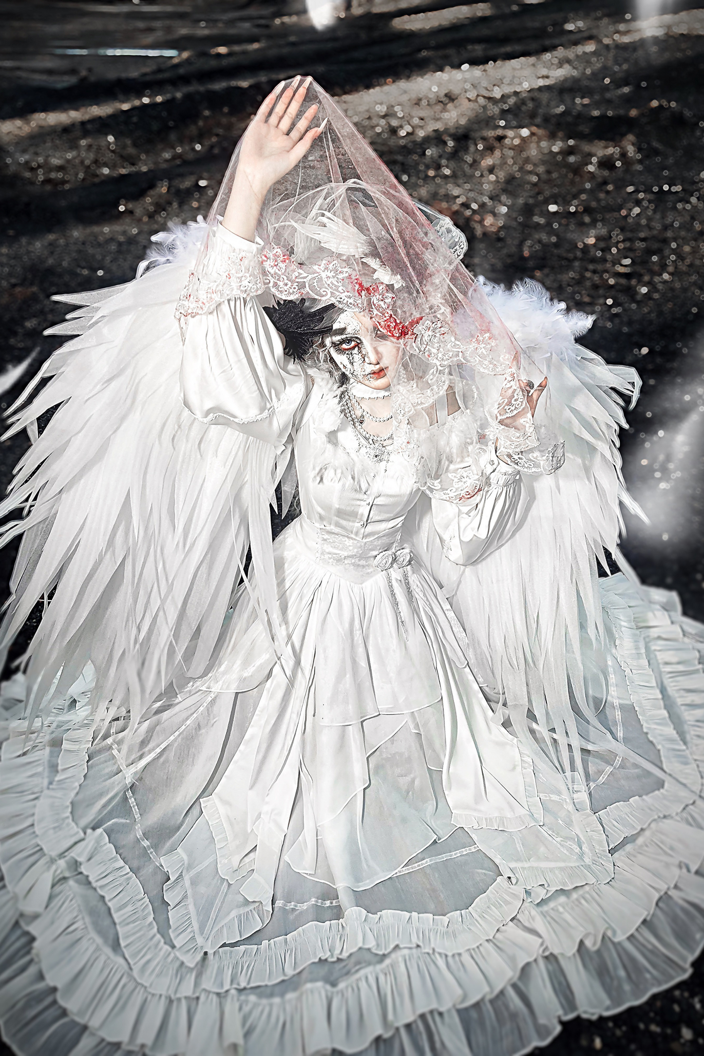 Off-the-shoulder shirt + oversized skirt