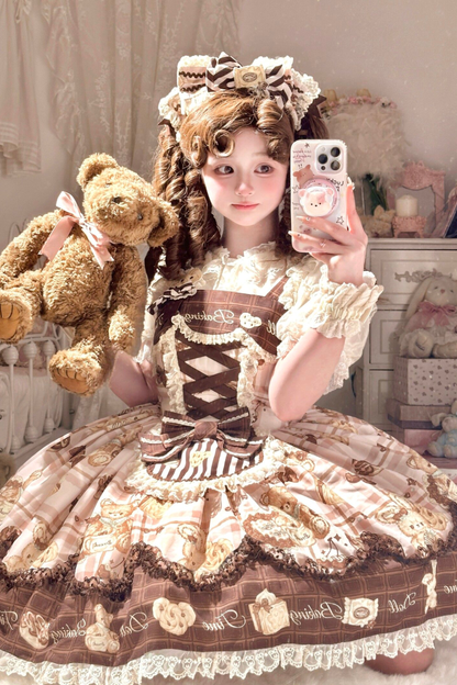 ベアティーパーティーロリータドレス+ジャンパースカート+シャツ+カチューシャ+ブローチ+エプロン