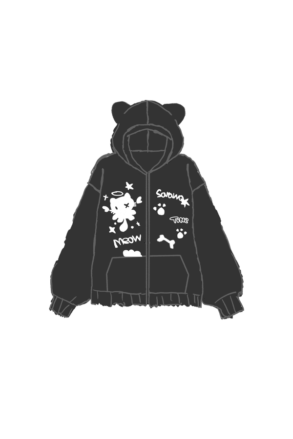 Cat Ear Hood Loose Zip Cardigan