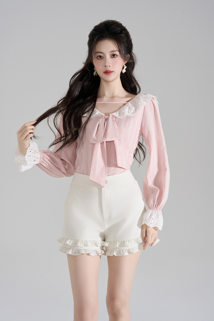 Pink Striped Lace Trim Blouse + Ruffled Shorts