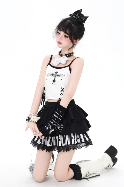 モノクロレースケーキスカート