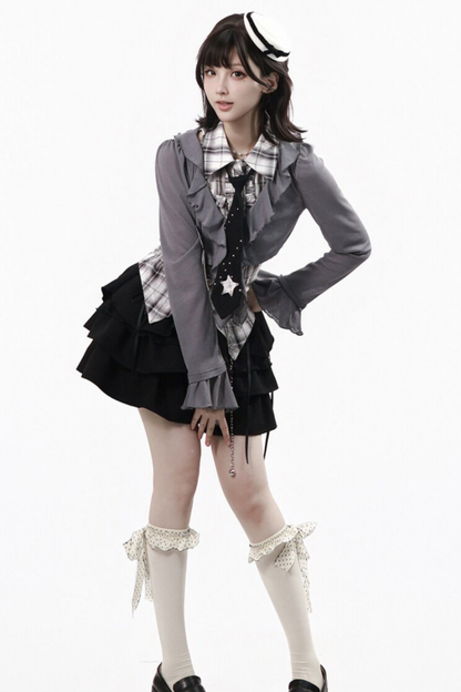 Plaid Sleeveless Shirt + Top + Tiered Skirt
