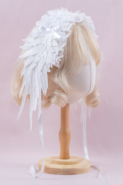 ホワイトレースブライダルスタイルボンネット+ヘアバンド+クリップ+スリーブ