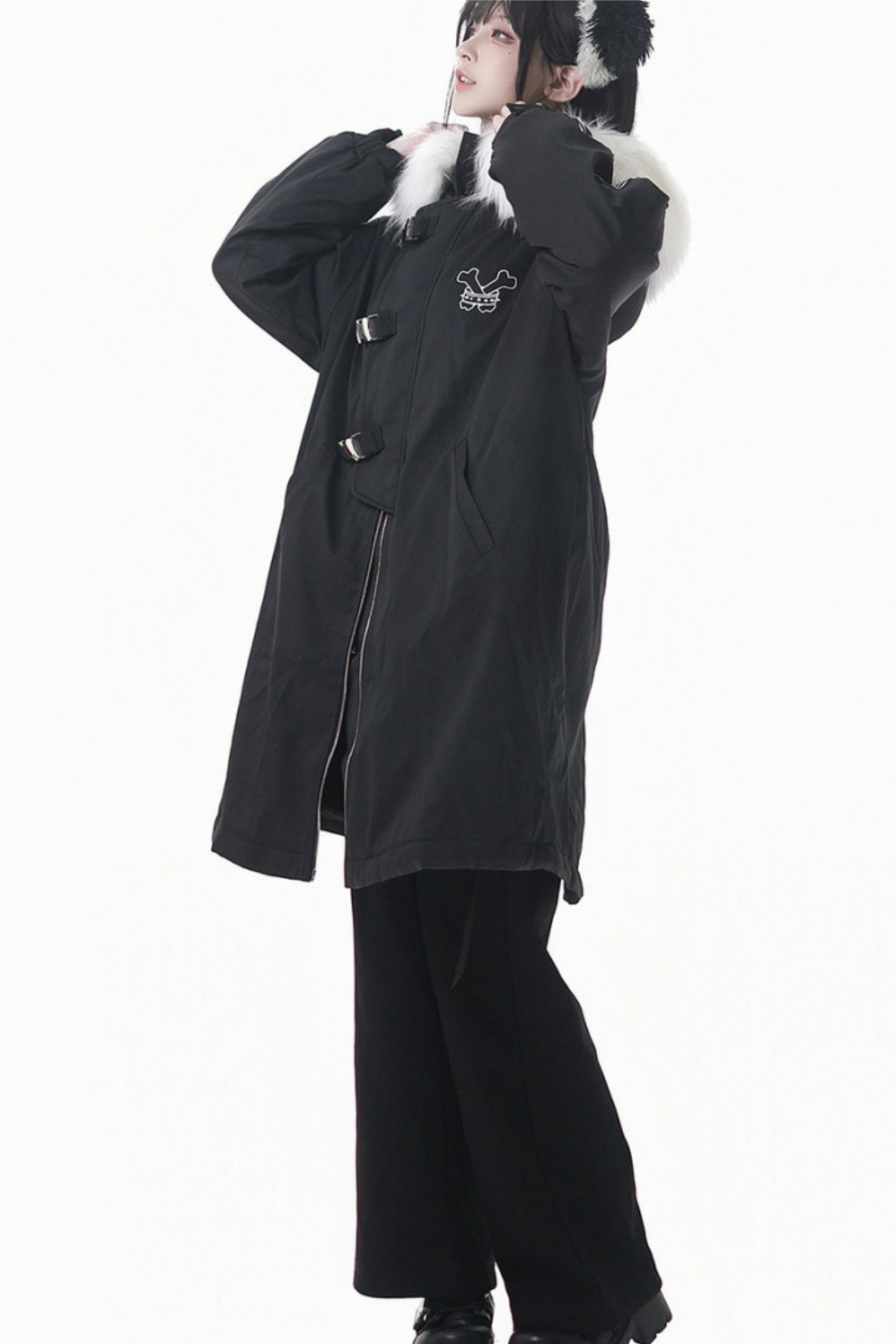 ダークカラーファーフードミドルコート