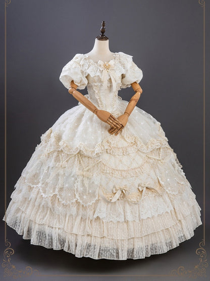 【9月10日予約締切】Red/Platinum Gold Rococo Fantasy Puff Sleeve Ribbon Tiered Princess Lolita Dress Bridal＋Full set[Op Dress + Feather Hat + Choker + Back Ribbon Train + Lace Gloves]