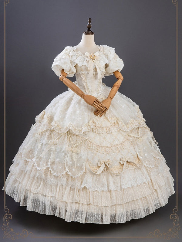 【9月10日予約締切】Red/Platinum Gold Rococo Fantasy Puff Sleeve Ribbon Tiered Princess Lolita Dress Bridal＋Full set[Op Dress + Feather Hat + Choker + Back Ribbon Train + Lace Gloves]