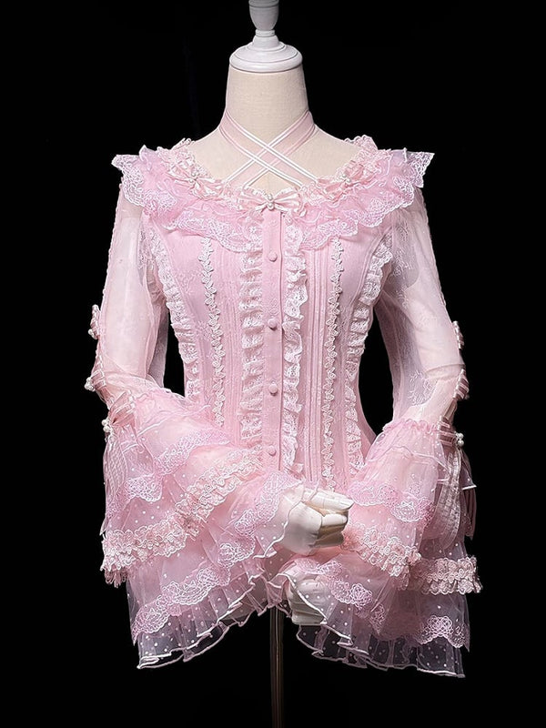 [Deadline for reservations: December 26] Pure Sweet Rose Fantasy Cross Ribbon Lace Bell Sleeve Shirt