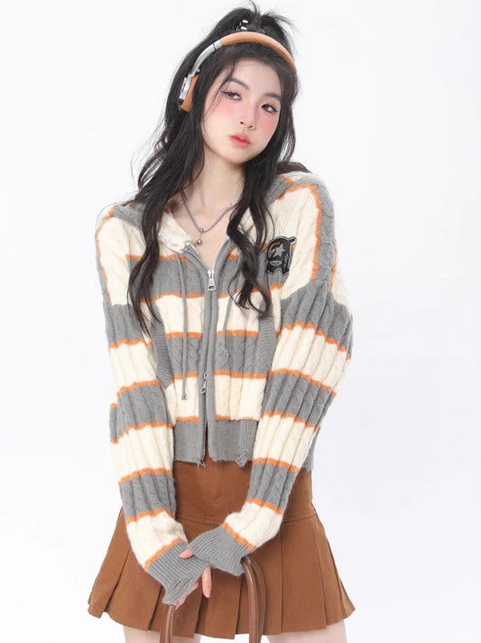 AONW American retro striped cardigan sweater women's trendy brand niche design hot girl short hooded sweater jacket