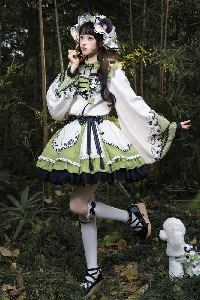 [Pre-order Deadline: October 25] Pink/White/Green Chinoiserie Lolita Sweet Panda Polka Dot Lace Apron Ruffle OP Dress