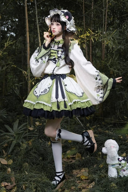 [Pre-order Deadline: October 25] Pink/White/Green Chinoiserie Lolita Sweet Panda Polka Dot Lace Apron Ruffle OP Dress