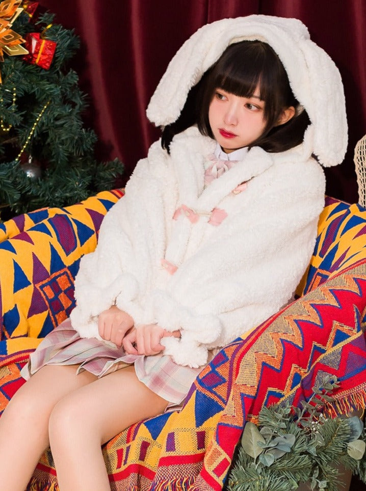 Rabbit Sweet White Fur Hooded Coat