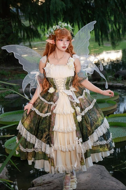 【8月23日予約締切】Elegant Forest Floral Oil Painting Print Classical Lolita Tiered JKS Dress Type 1/2
